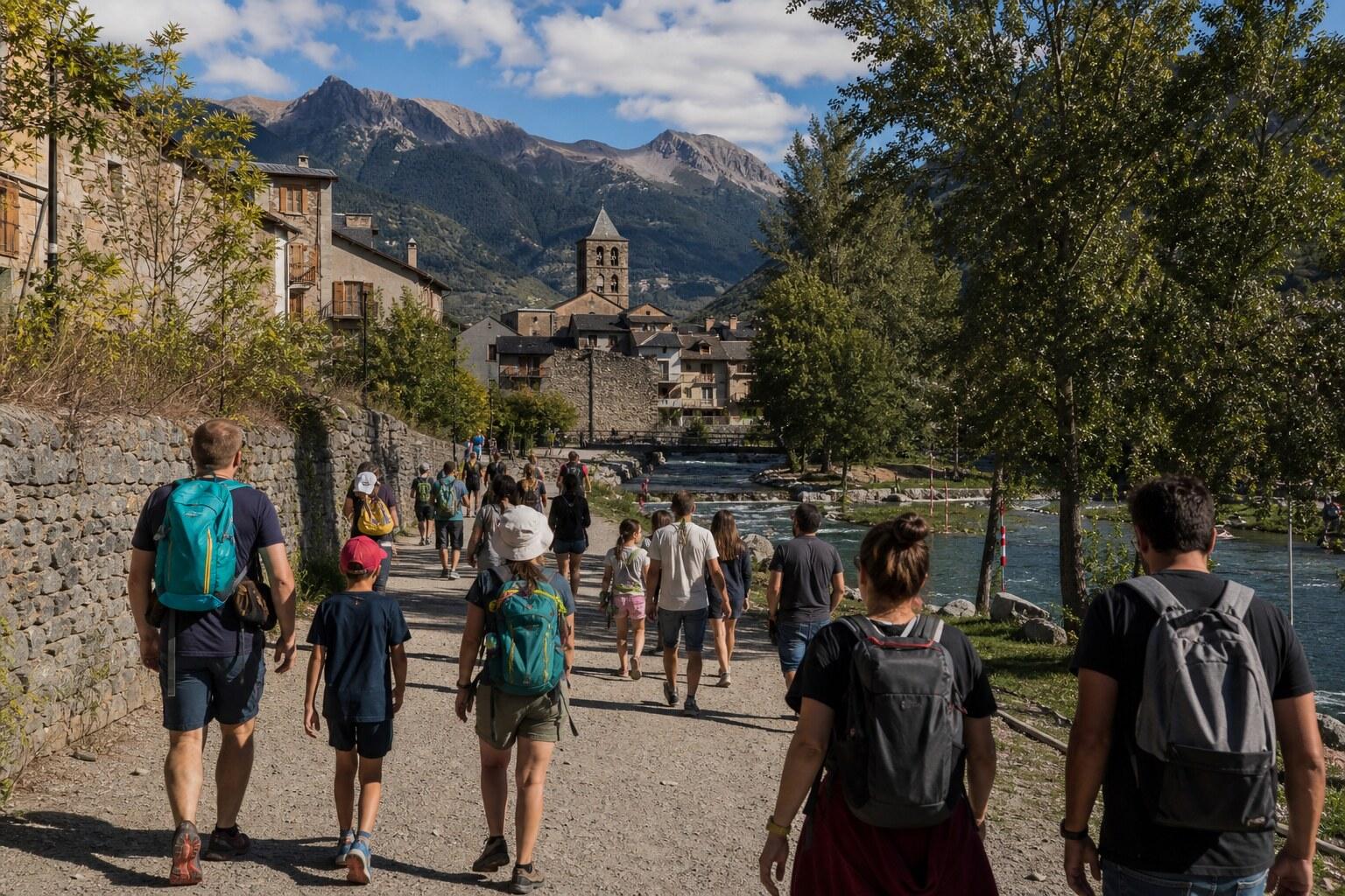 Spectators walking beside the river toward the canoe course in La Seu d’Urgell
