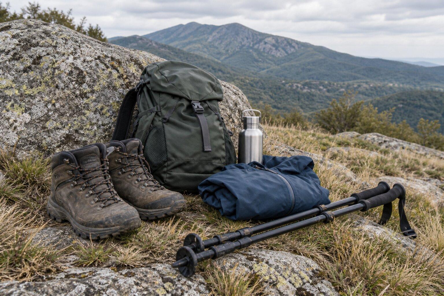 Illustration of hiking boots, a daypack, waterproof clothing, water and trekking poles