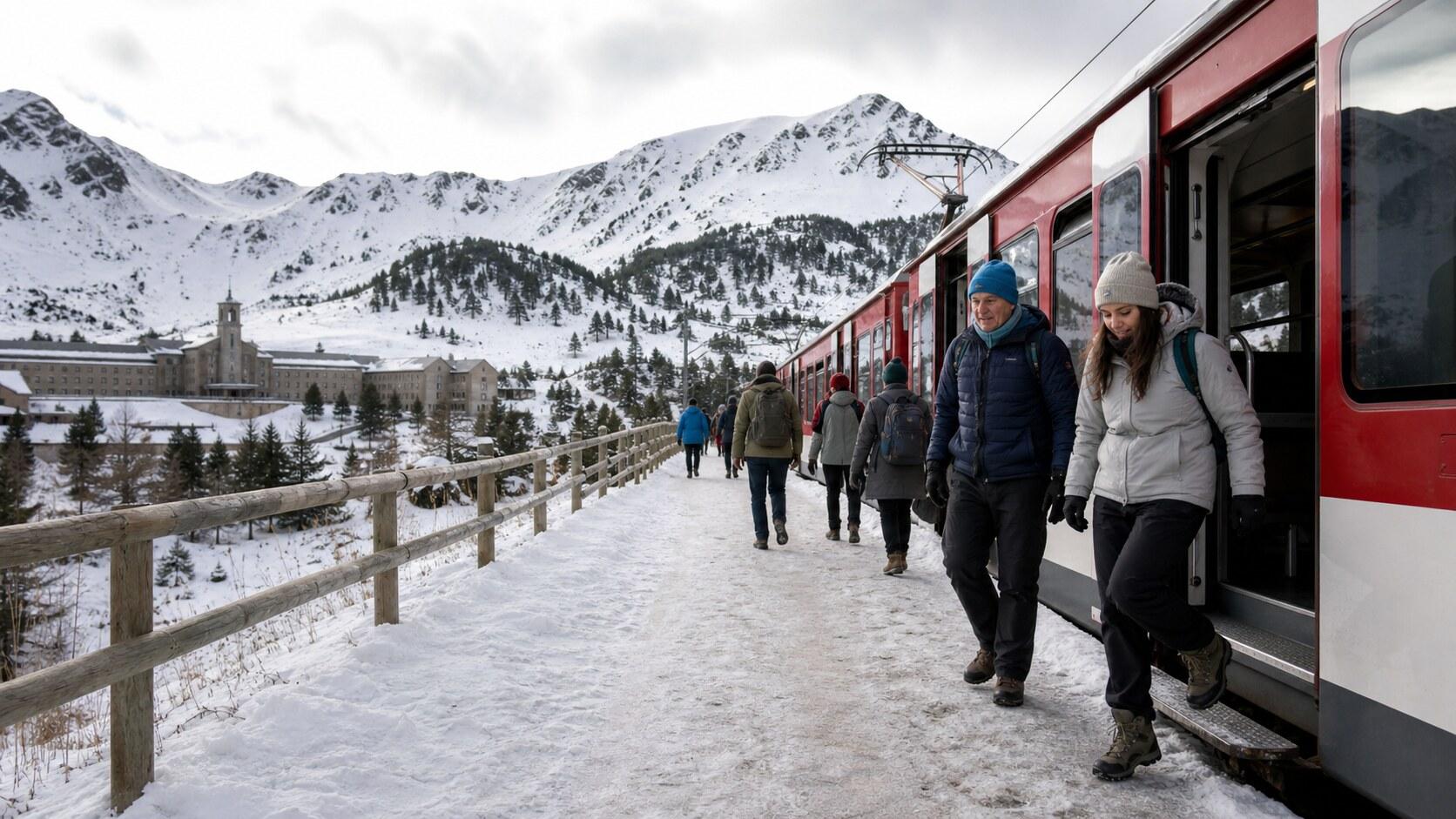 Winter travelers leaving the rack railway at Vall de Núria